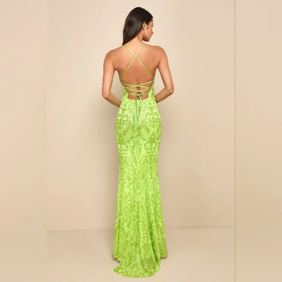 Lulus Limitless Glamour Lime Green Sequin Lace-Up Maxi Dress S Wedding Prom - Picture 6 of 12